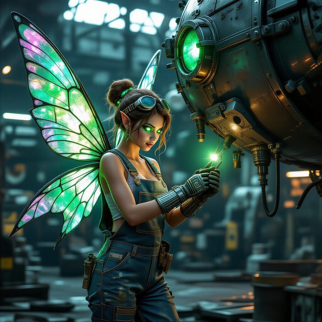 Mechanic Fairy Repairs Steampunk Airship: Hyperrealistic Art