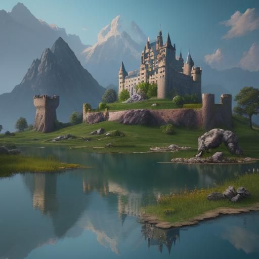 Dog-Filled Castle by a Lake: Fantasy Concept Art