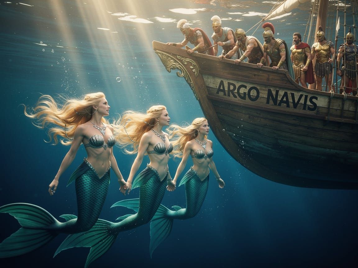 Jason and Argonauts Encounter Mermaids Aboard Argo Navis