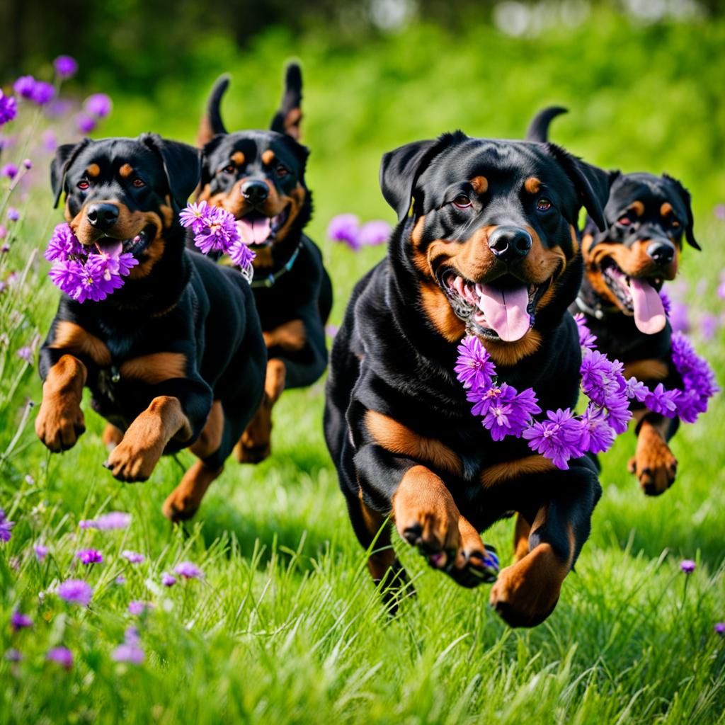 Rottweilers with Halos in a Flower Meadow