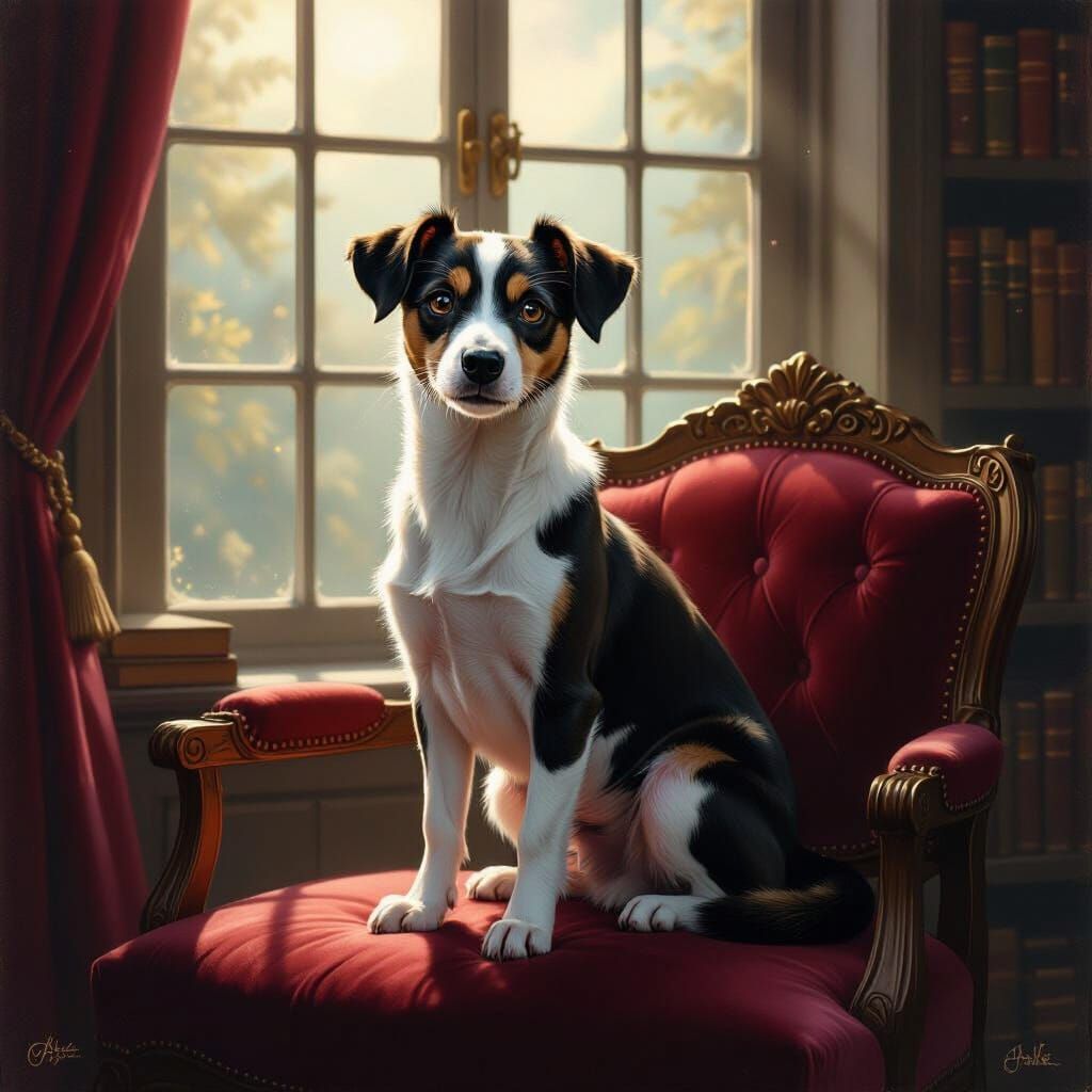 Whimsical Dog-Cat Hybrid Regal on Velvet Cushion