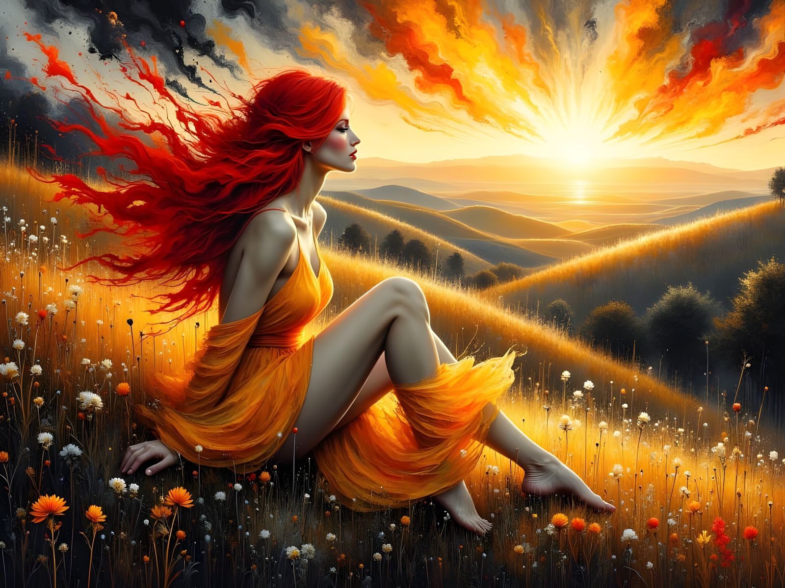 Norse Goddess Portrait with Ink Drip Sunset