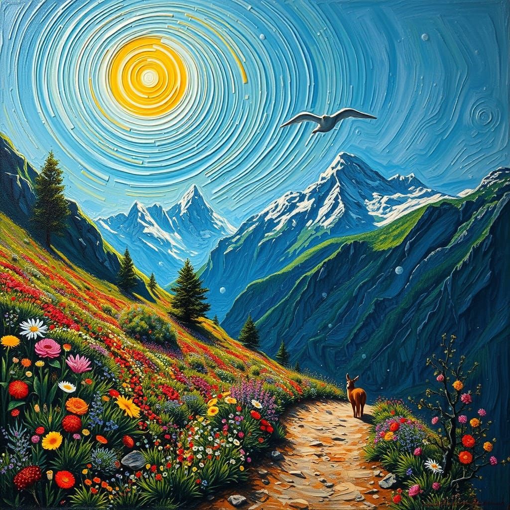 Vibrant Swiss Alps Spring Landscape in Impasto Oil Style