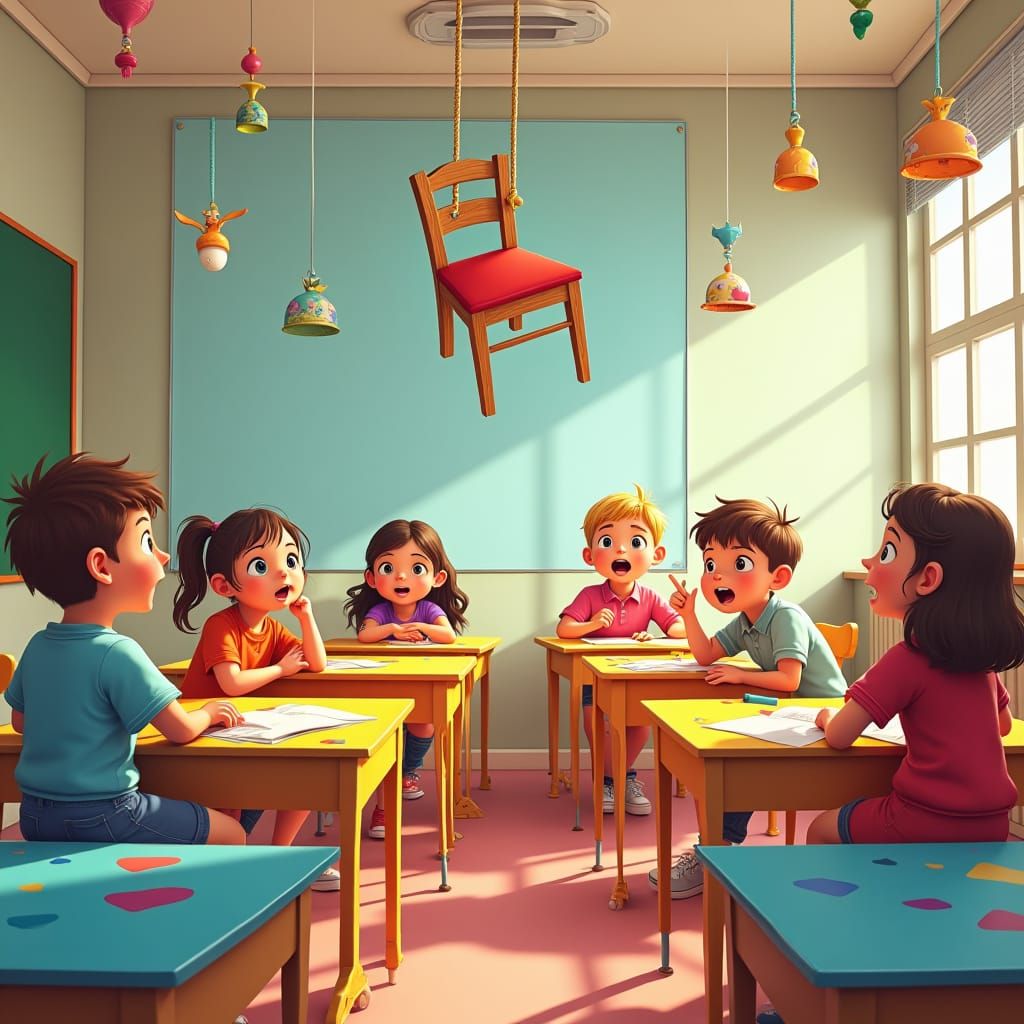 Cartoon Classroom Scene with Hanging Chair