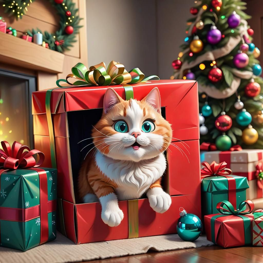 Santa Cat Peeking from Present Box Cartoon
