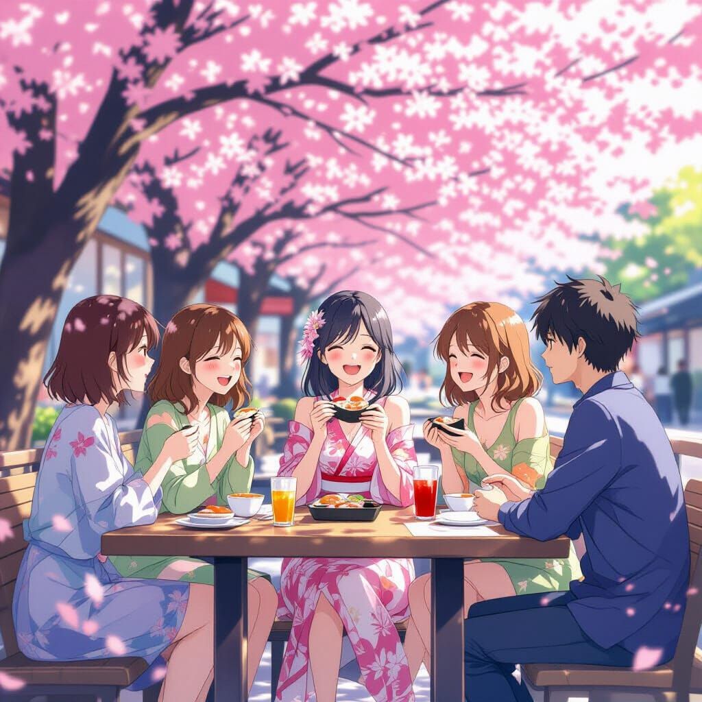 Anime Girl and Friends Enjoying Sushi Under Cherry Blossoms
