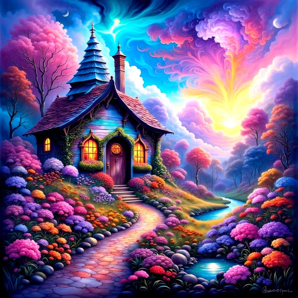 Romantic Tiny House Scene in Dreamy Pastel Oil Painting