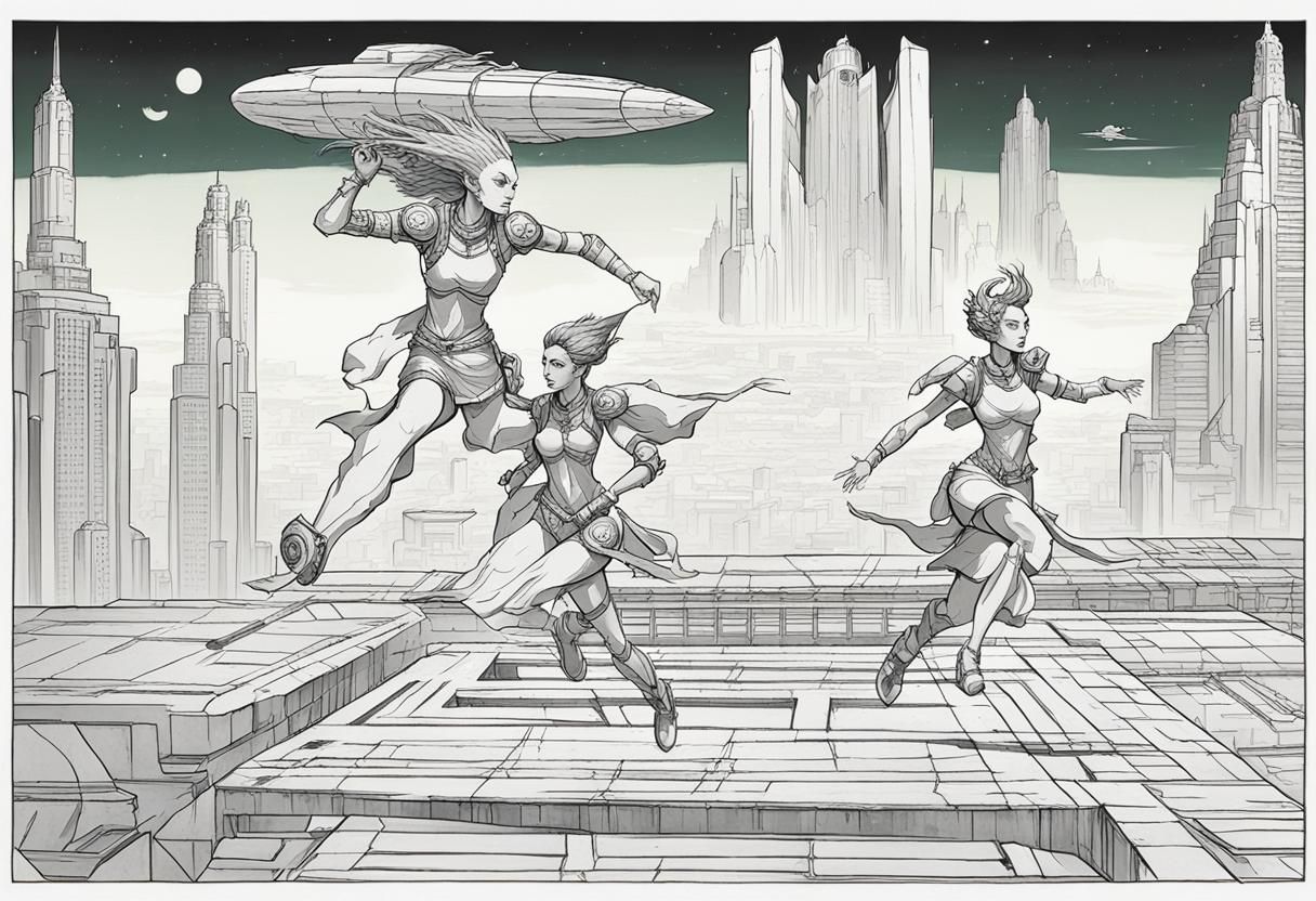 Barsoomian Women Run Atop Art Deco Marsport