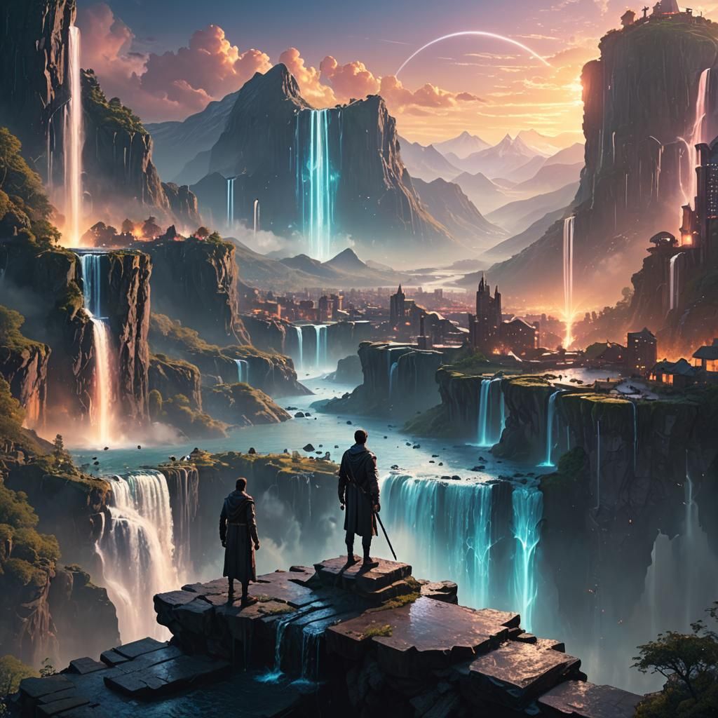 Fantasy Cityscape with Glowing Staff in 3D