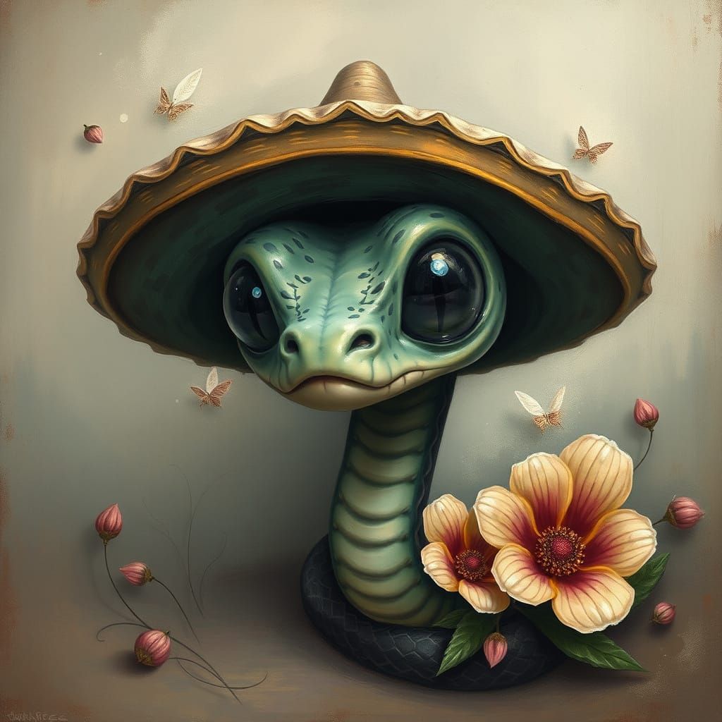 Surreal Cobra in Sombrero: Whimsical Alien Floral Art