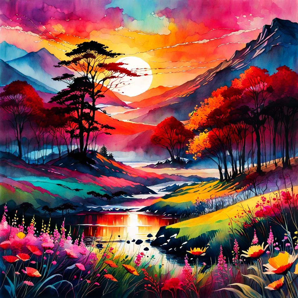 Blood Moon Summerscape in Digital Watercolor Style