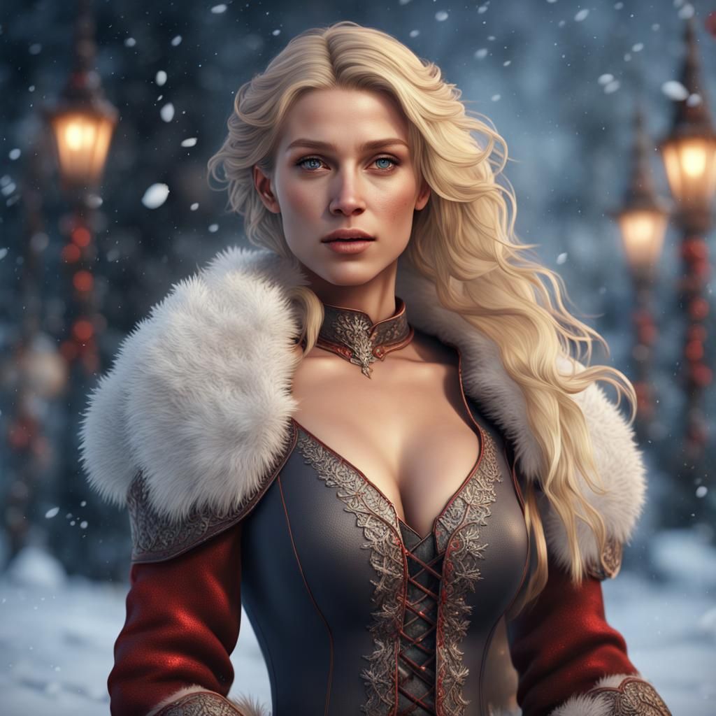 Blond Woman in Snowy Christmas Scene: Detailed Digital Art