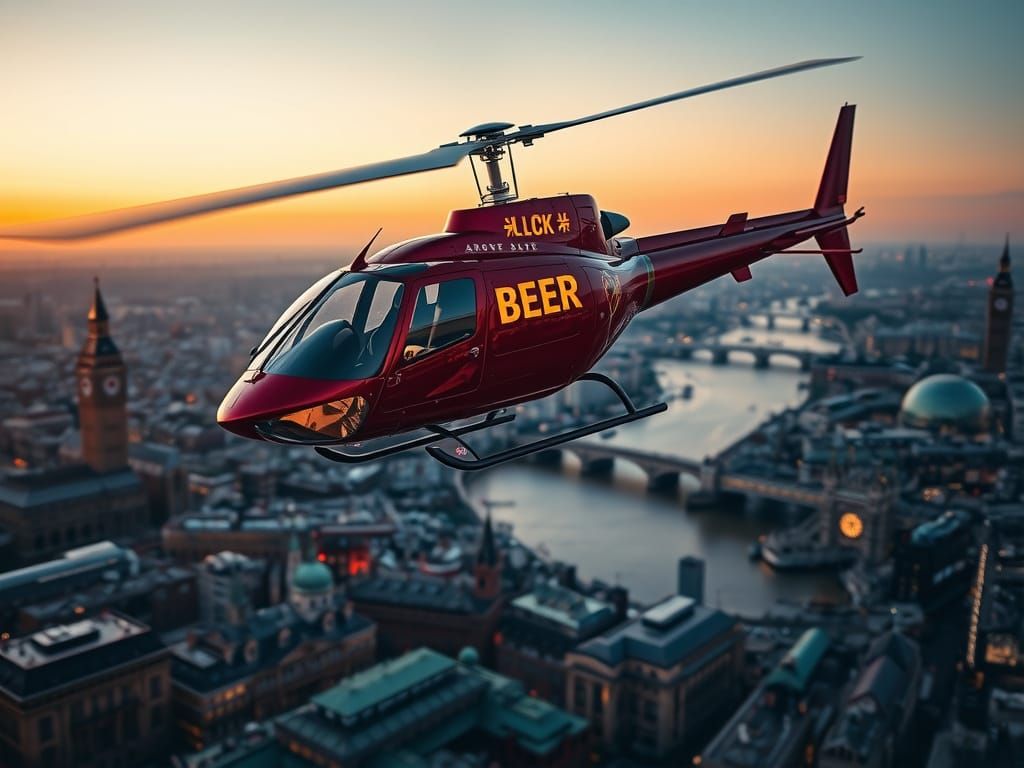 Helicopter with Beer Sign Soaring over London