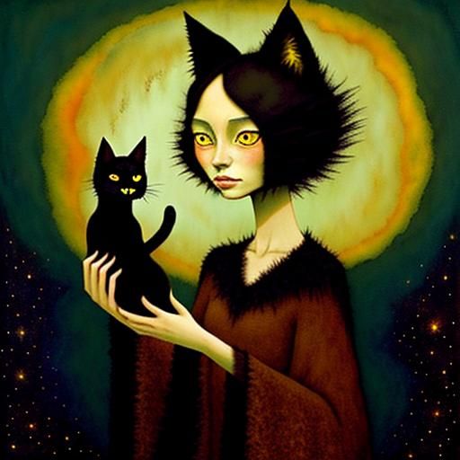 Dreamlike Woman-Cat in Art Brut Style