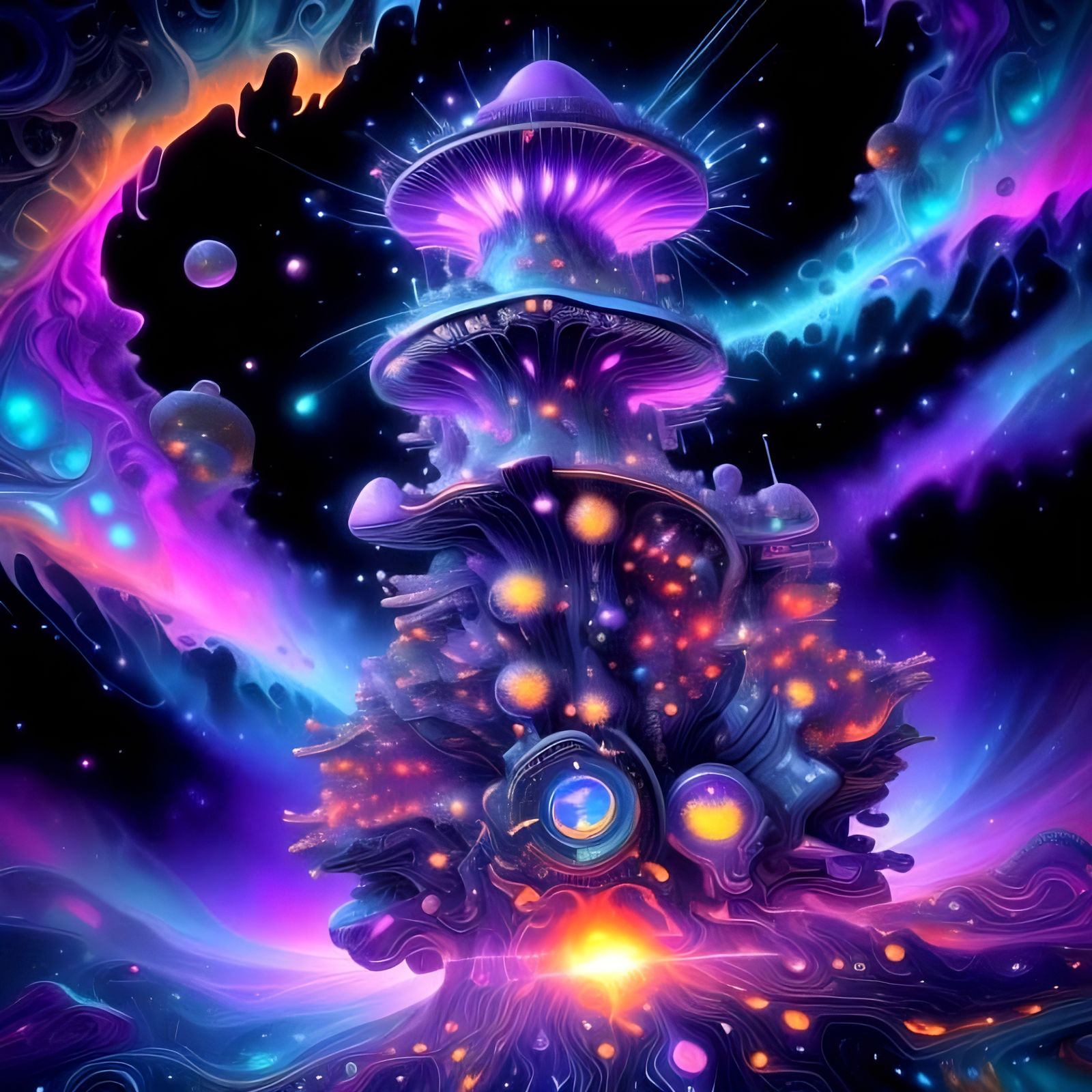 Cosmic Liquid Cityscape in Vibrant Purple