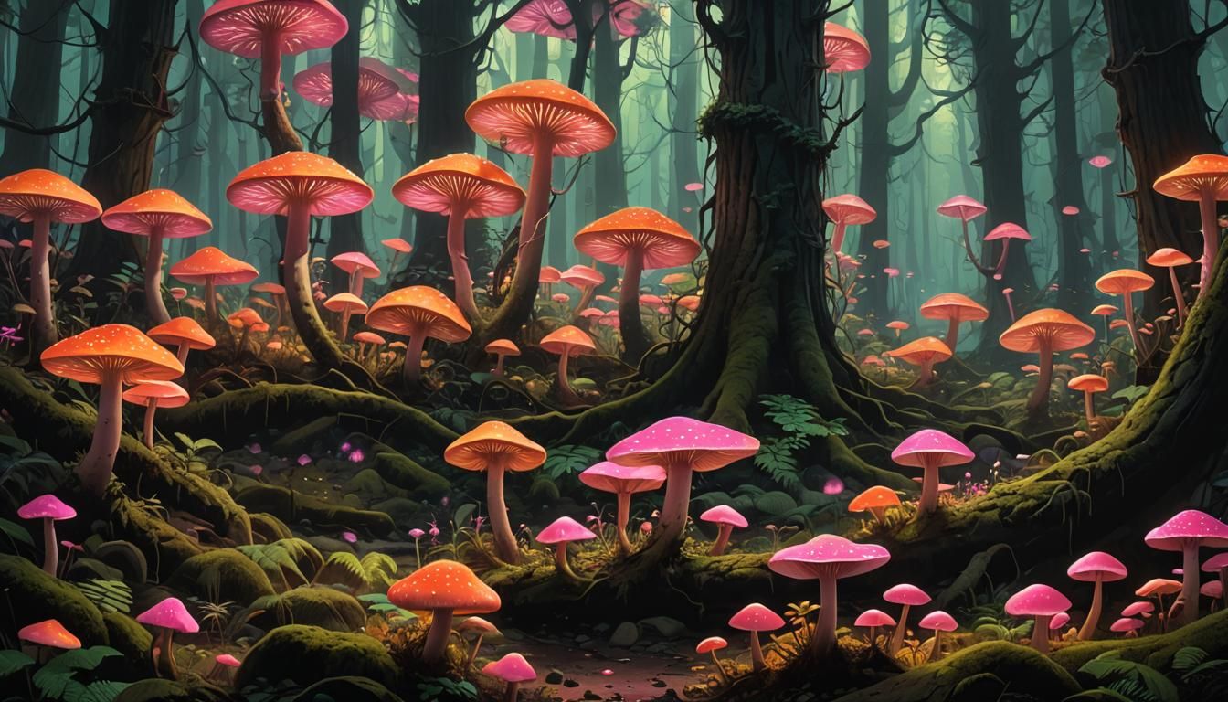 Fluorescent Mushrooms Illuminate Dark Forest Scene