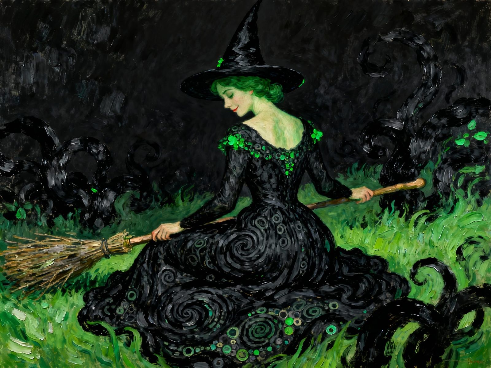 Green Witch with Klimt Patterns in Impasto Style