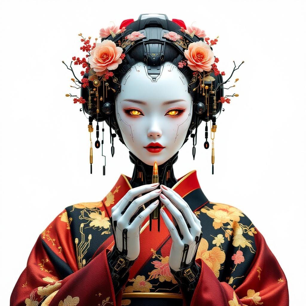 Cybernetic Geisha in High-Tech Kimono