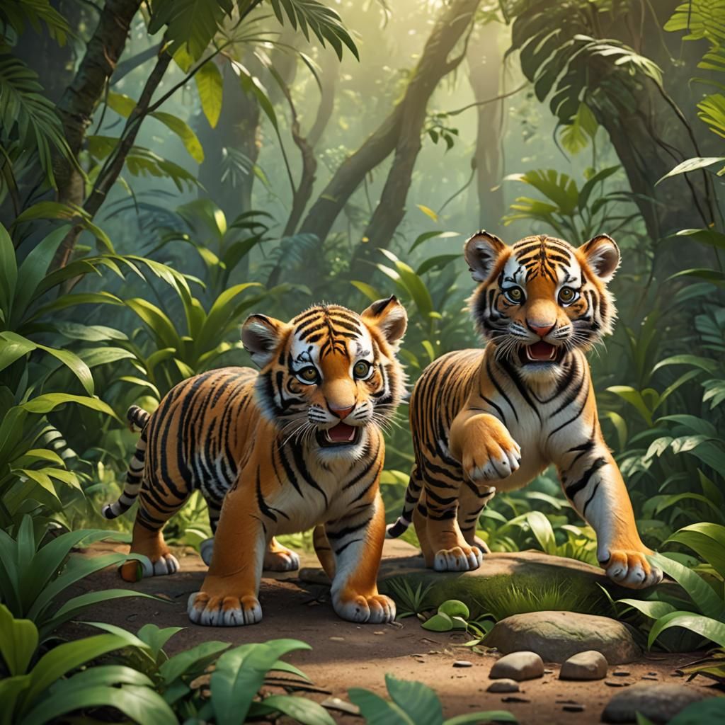Cute Tiger Cubs Playing: Pixar Style 3D Art