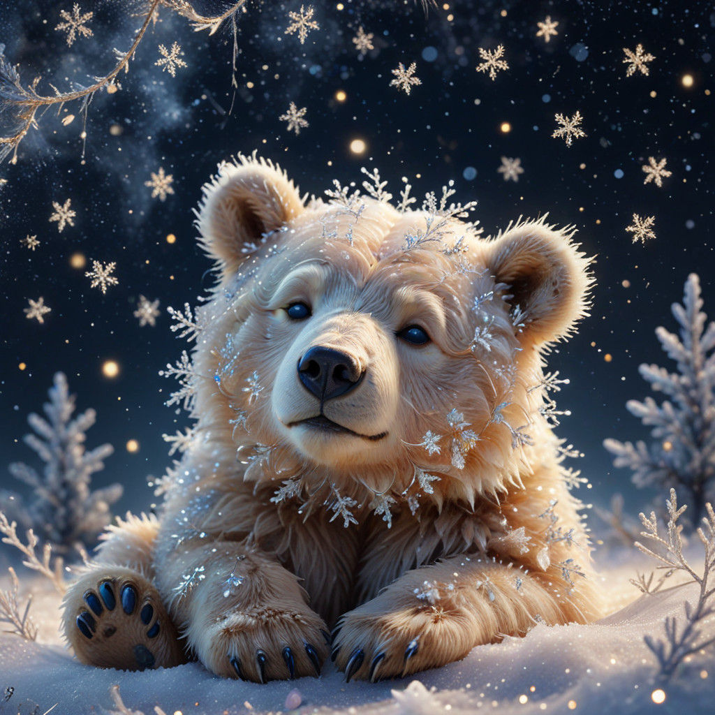 Whimsical Bear Cub in a Golden Snowflake Crown