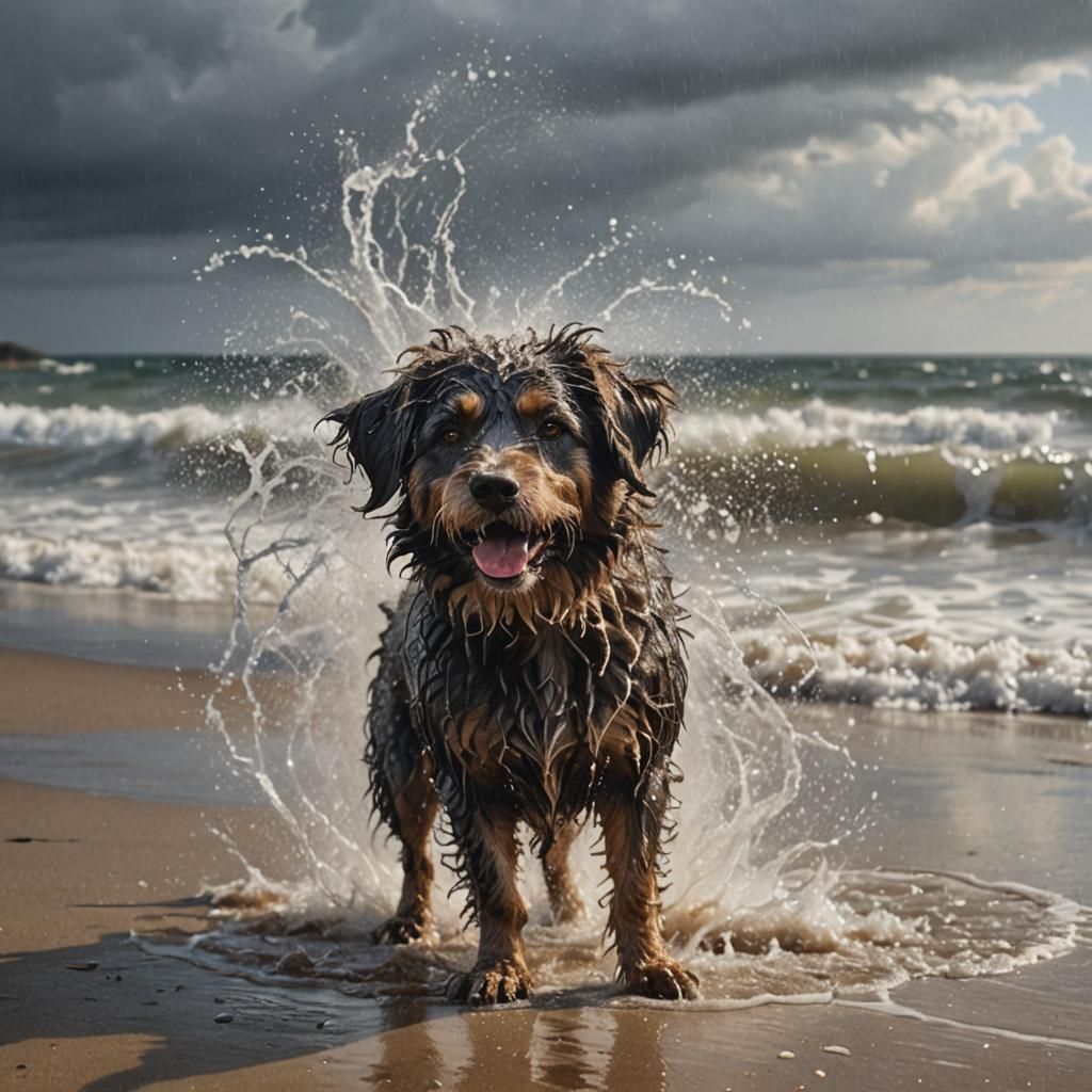 Wet Dog Shakes on Beach: Photorealistic Image
