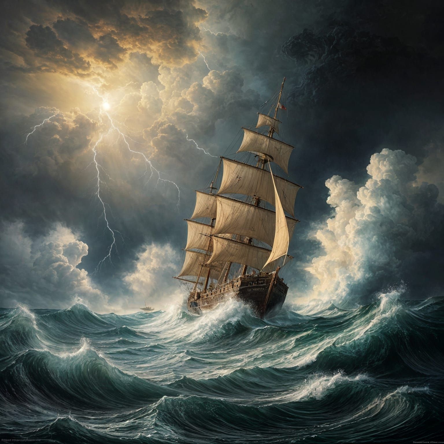 Ship Battling Stormy Seas in Romantic Style