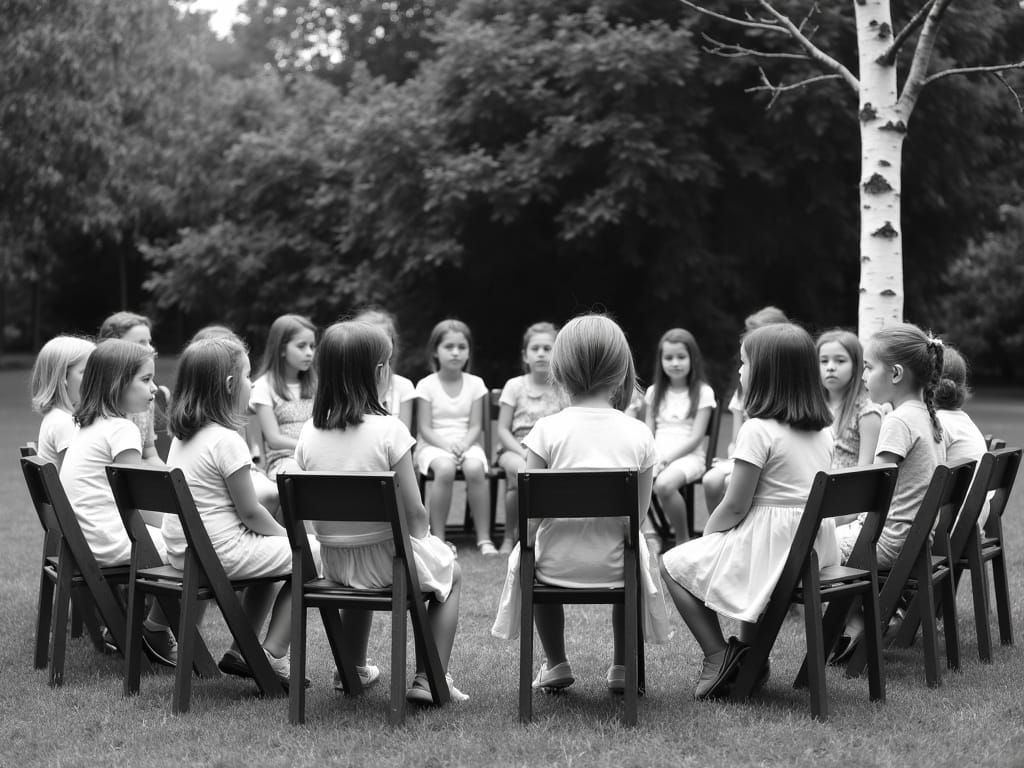 Children in Circle on Grassy Lawn - Black and White Photo