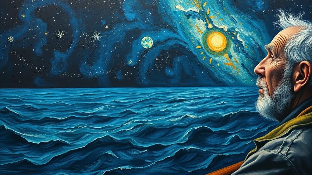 Weathered Sailor Gazing Out to Infinite Ocean and Starry Nig...