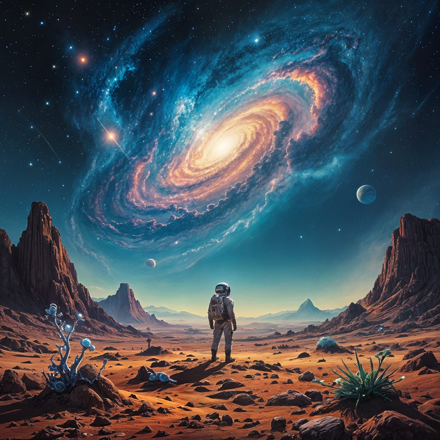 Astronaut on Alien Planet Gazing at Nebula