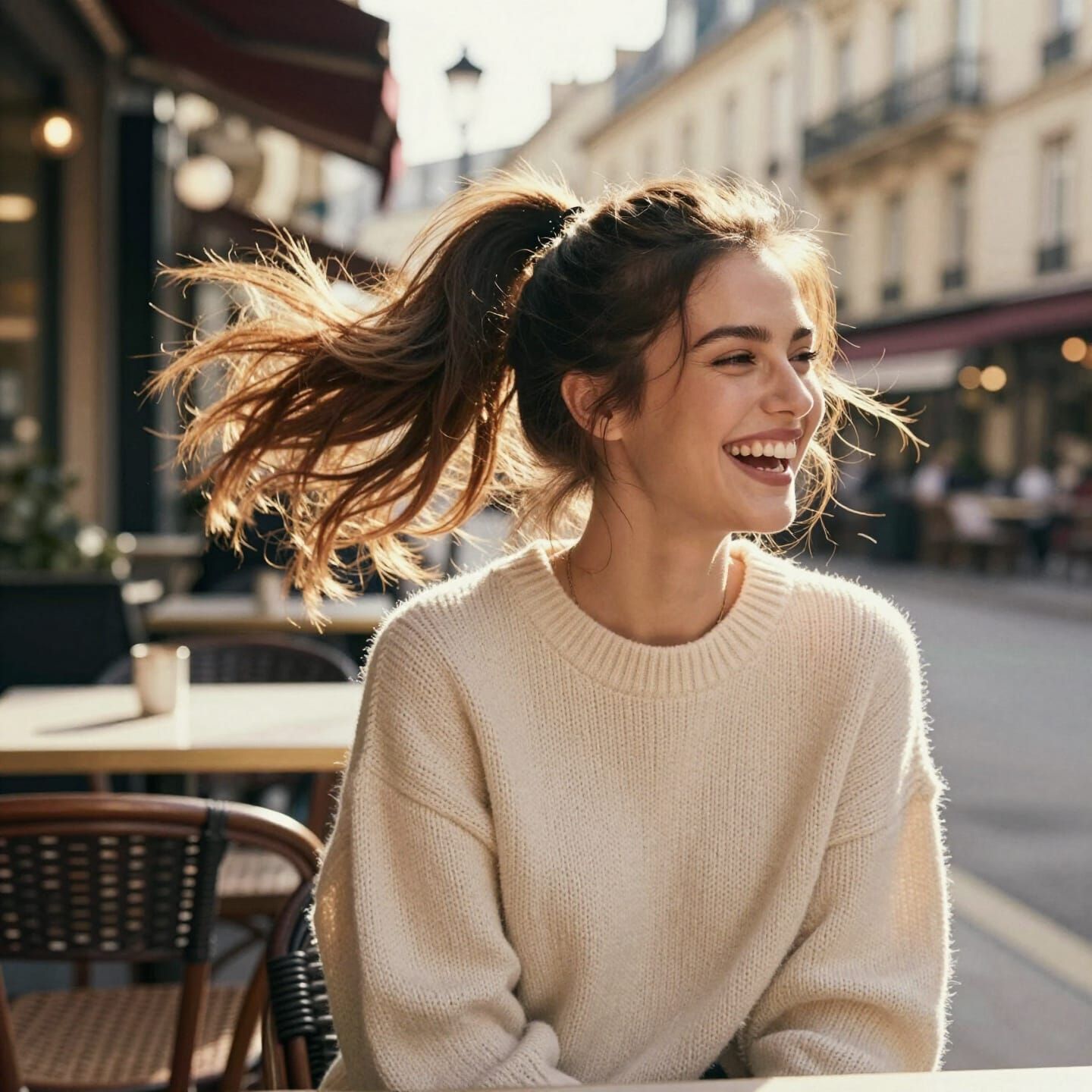 Woman Laughing with Swinging Hair at Outdoor Cafe
