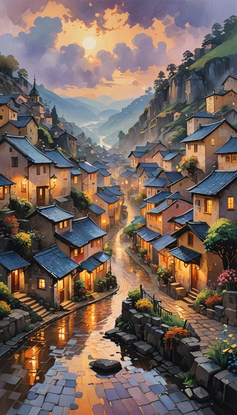 Misty Village: Neo-Impressionist Gouache Painting