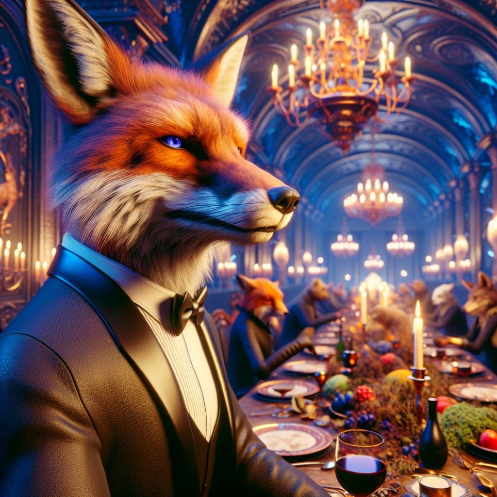 Sophisticated Fox in Tuxedo at Lavish Dinner Party