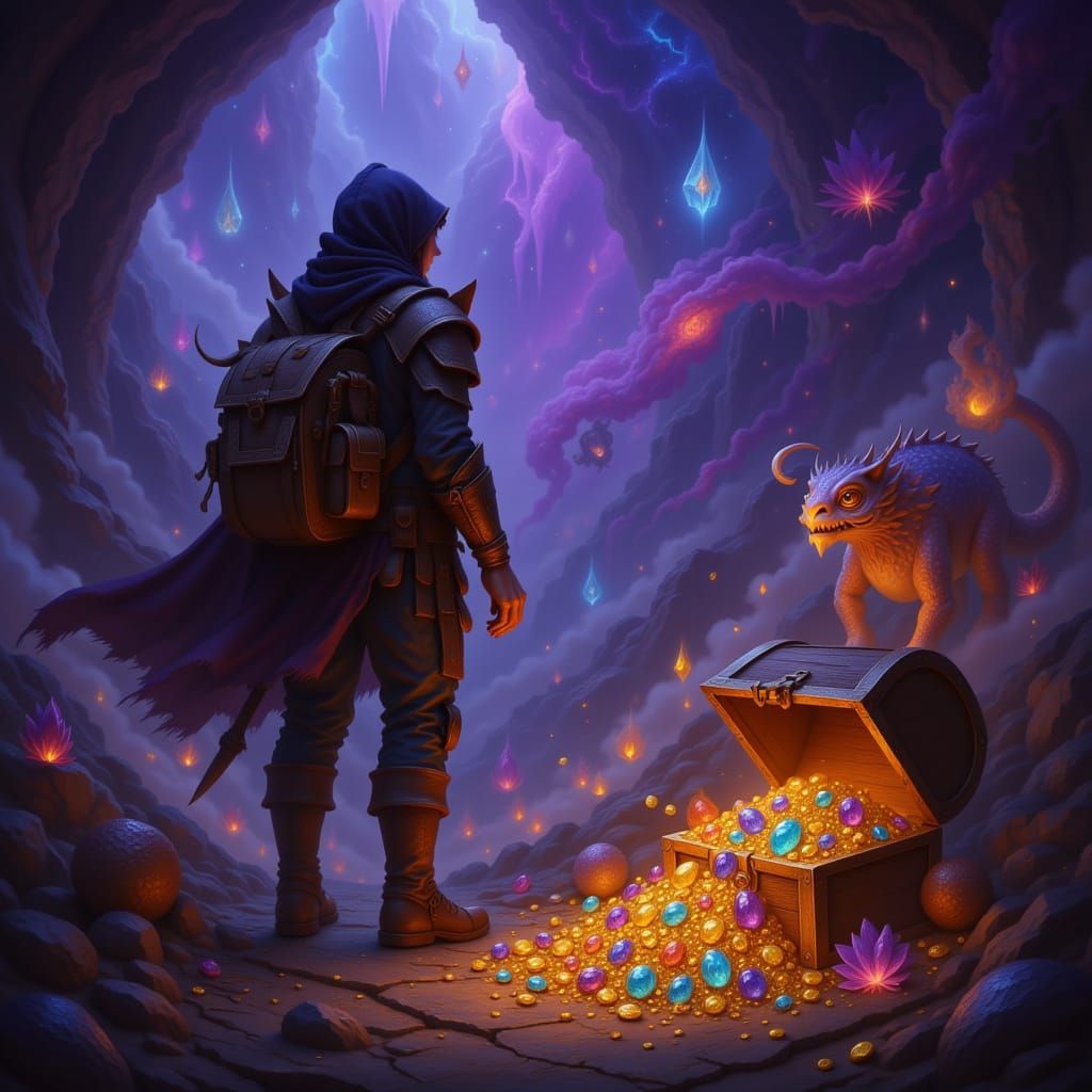 Fantasy Adventurer With Treasure Chest in RPG World