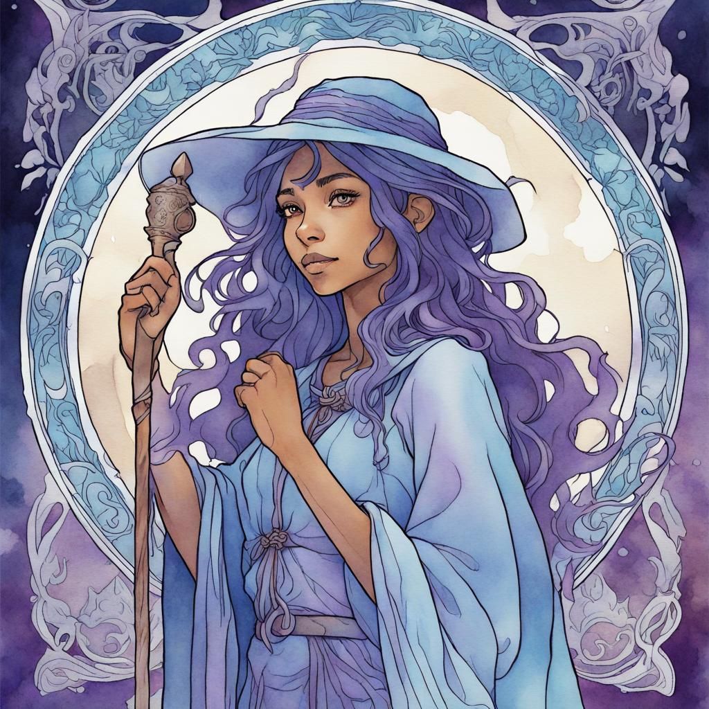 Watercolor Tarot Witch in Mucha Style
