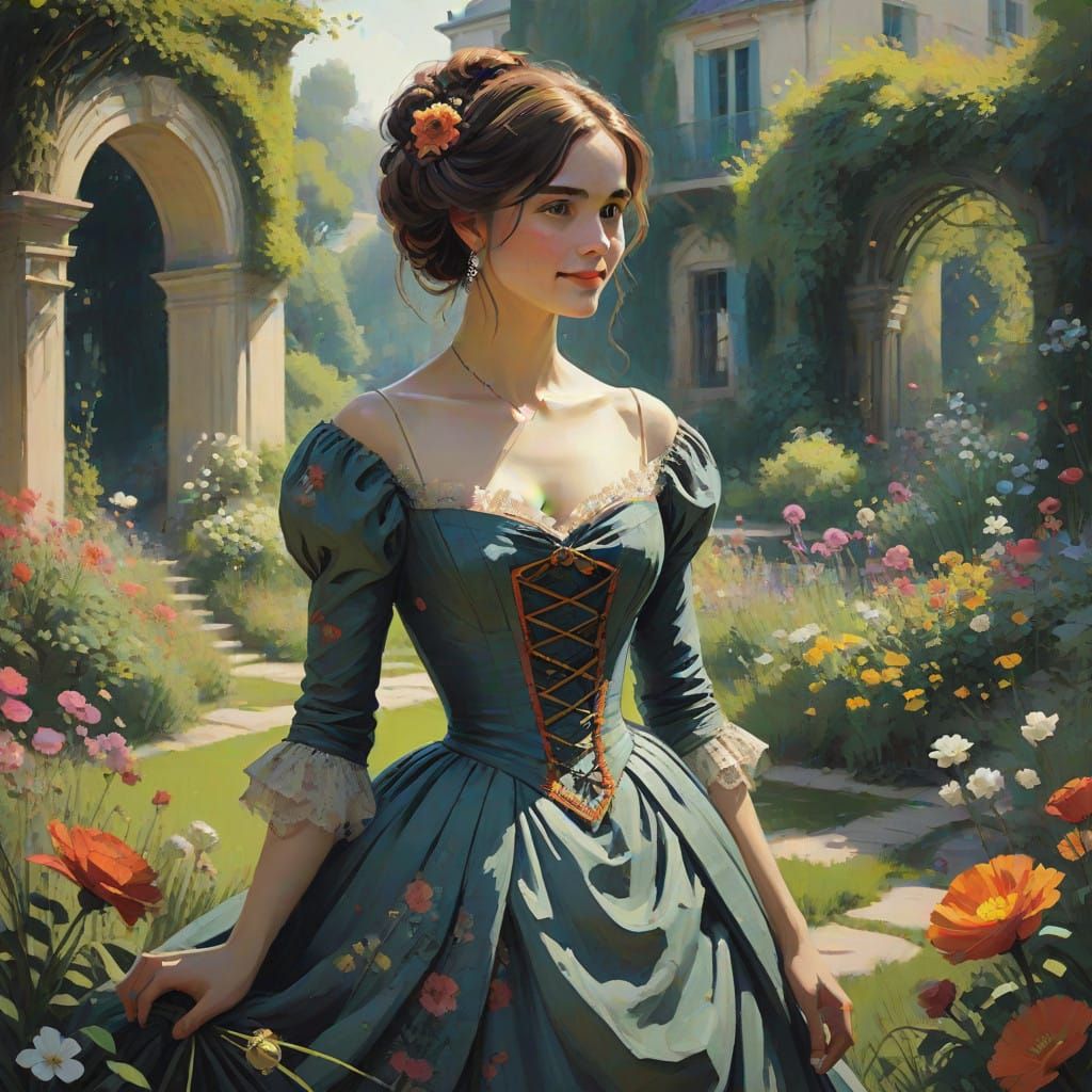 Elegant Woman in Impressionist Garden in Digital Art Style