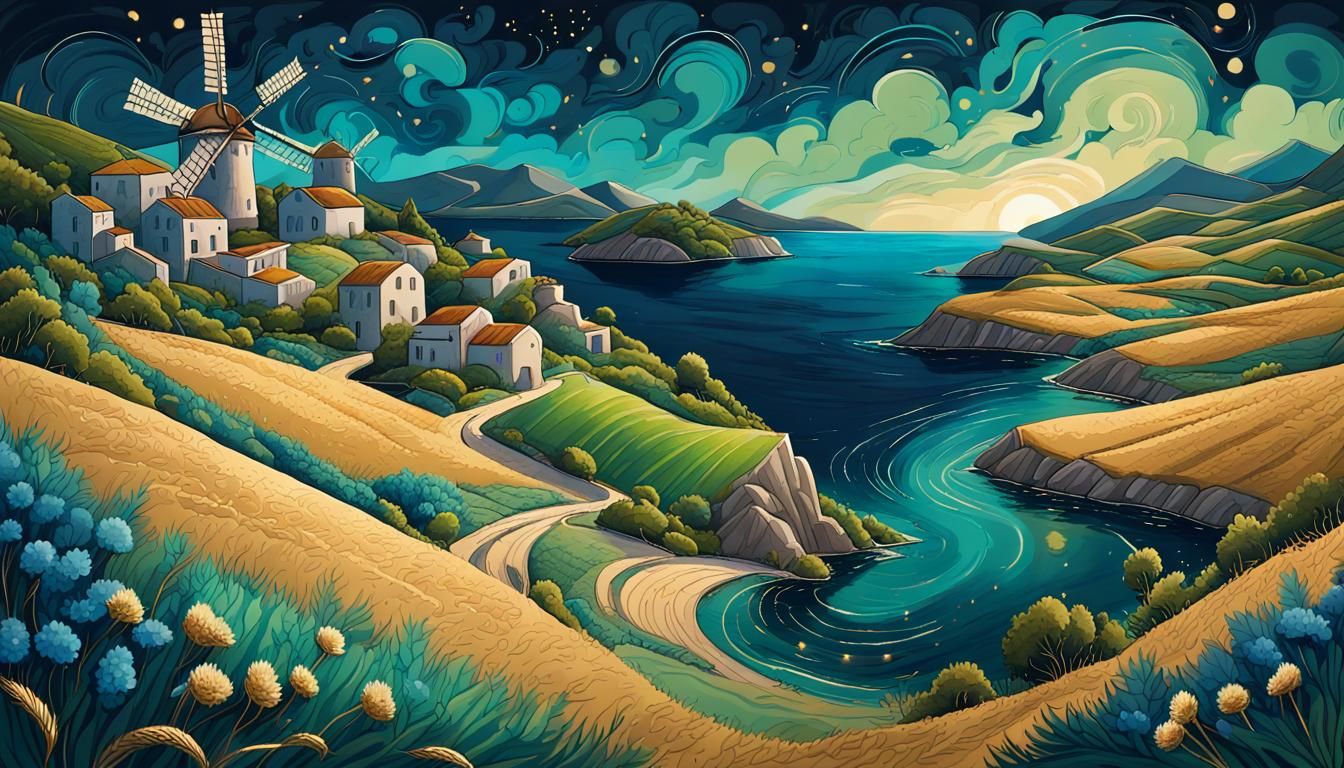 Bioluminescent Greek Island Gouache Fantasy Landscape