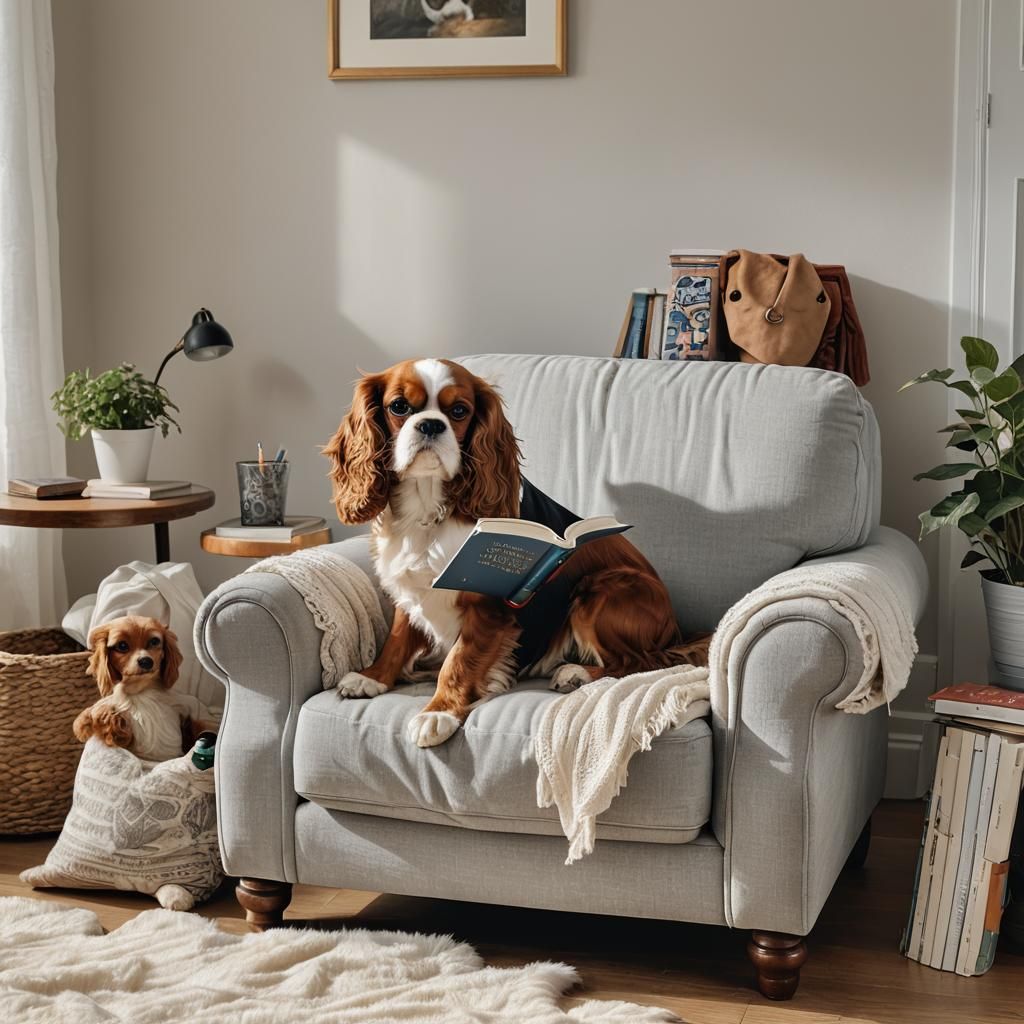 A Cavalier King Charles Spaniel reading a book in a comfortable chair in a sunny bedroom.