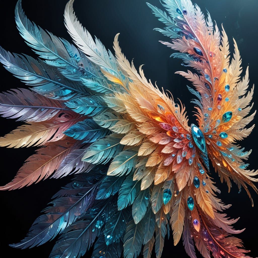 Ornate Translucent Wings with Crystal Impasto Feathers