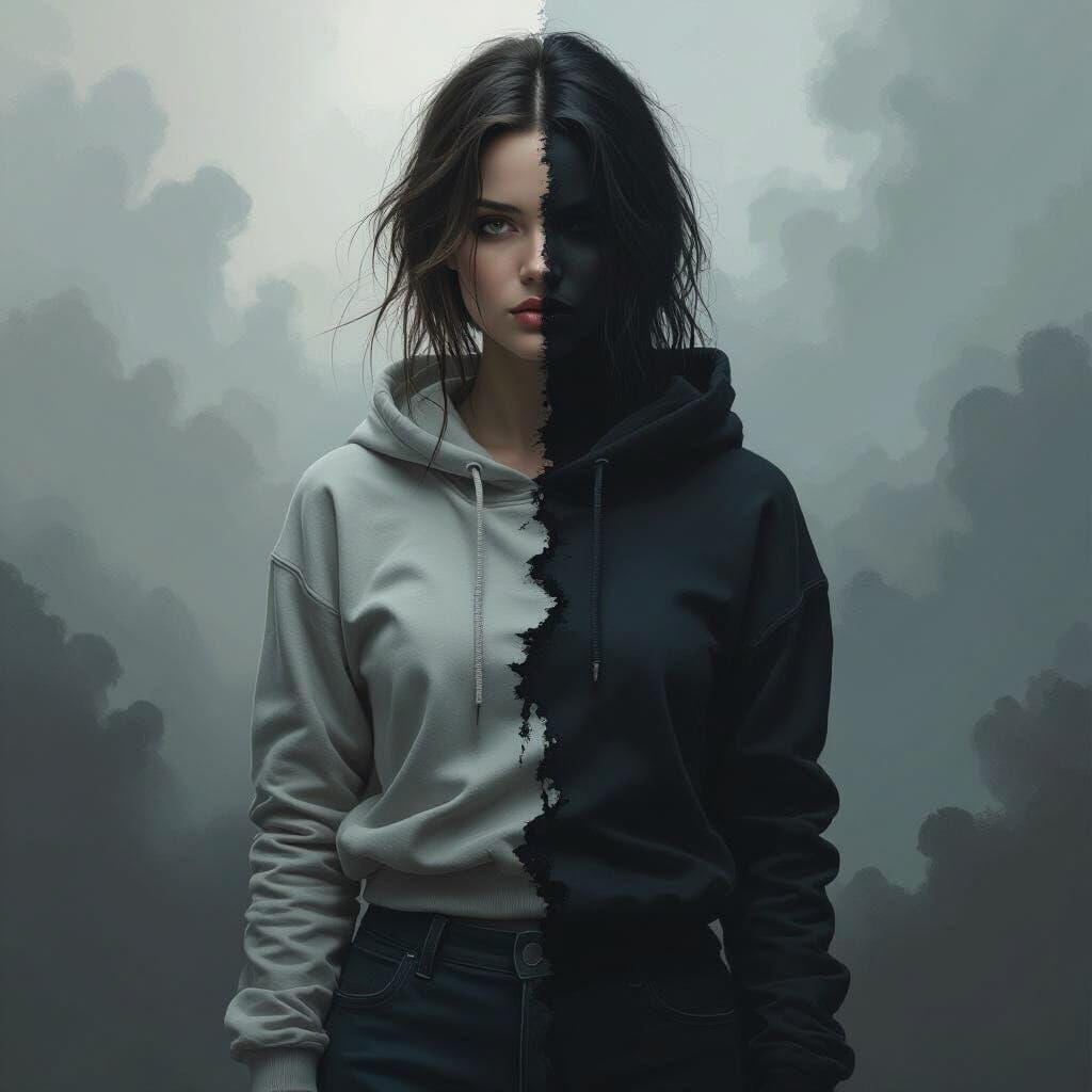 Woman Torn Between Light and Dark Personas