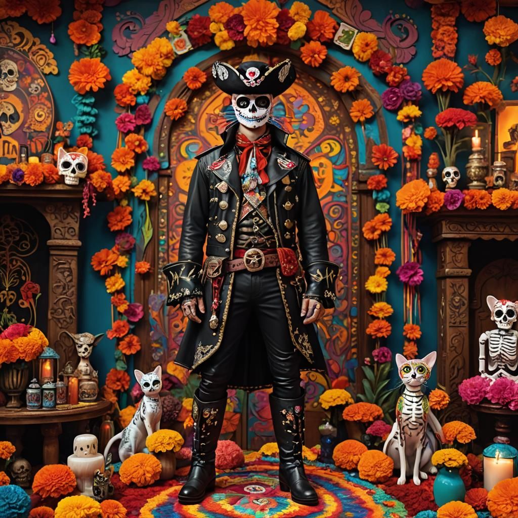 La Dia de los Muertos Cat in Pirate Boots