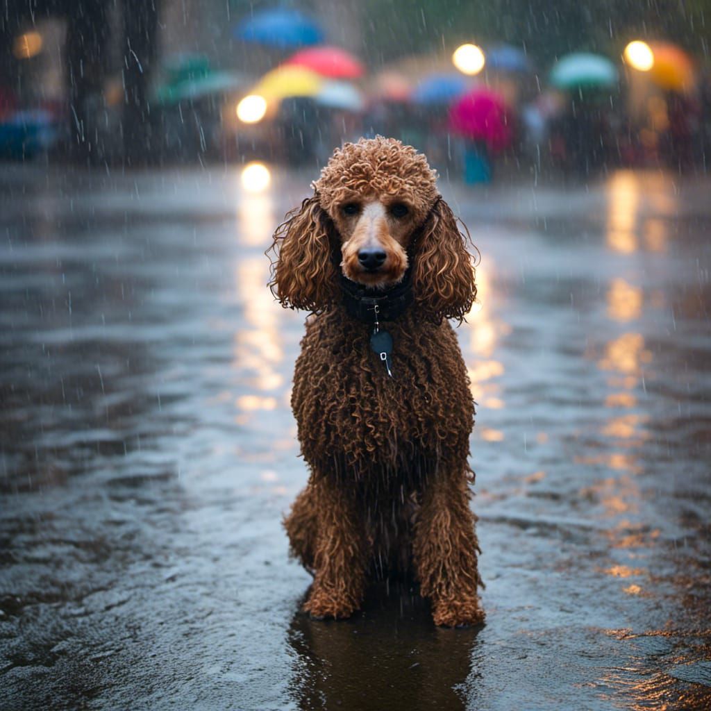 Sad Wet Poodle in Heavy Rain