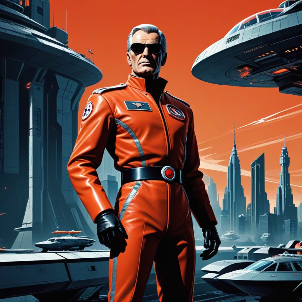 Captain Scarlet in Retro-Futuristic Cityscape