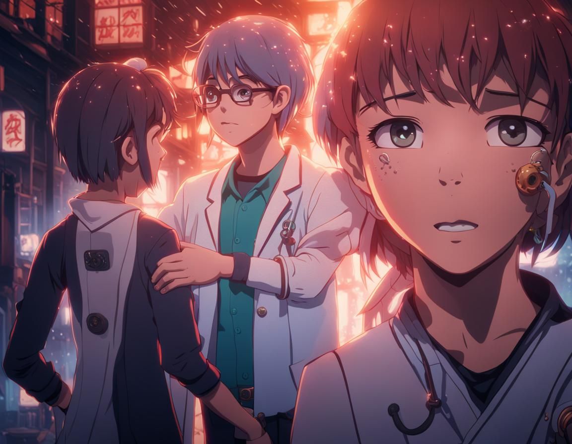 Anime Doctor Comforts Scared Girl: Detailed Matte Painting