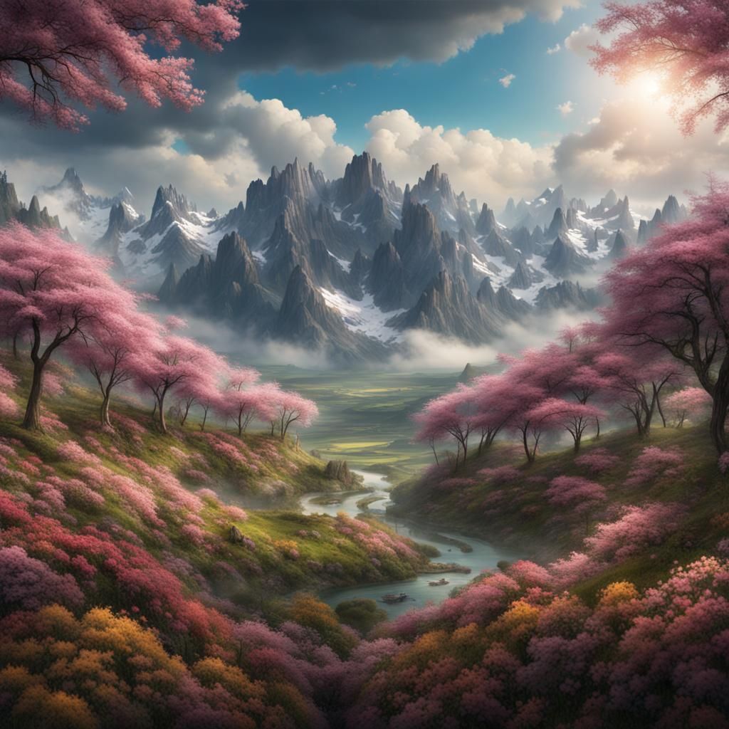 Cinematic Valley Between Grand Mountains with Flowers
