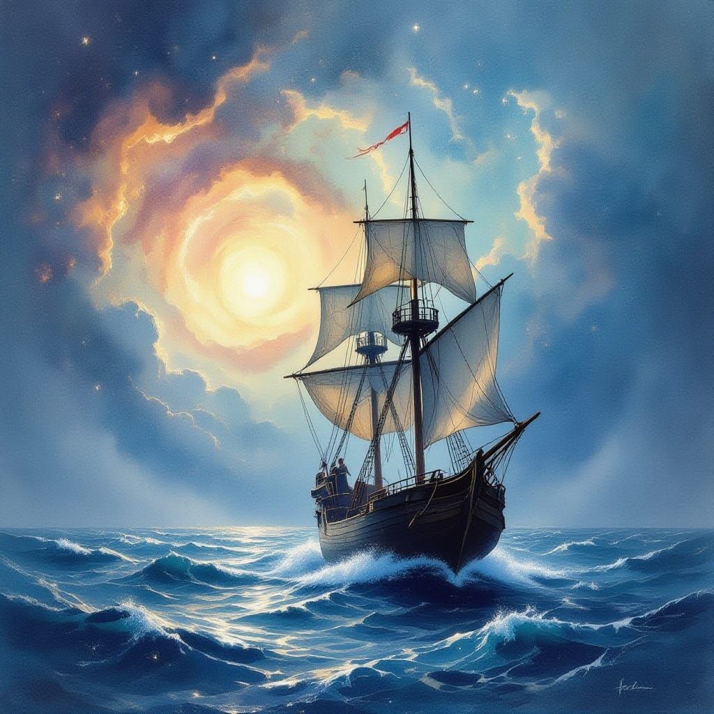 Lone Sailing Ship Navigates Starry Ocean