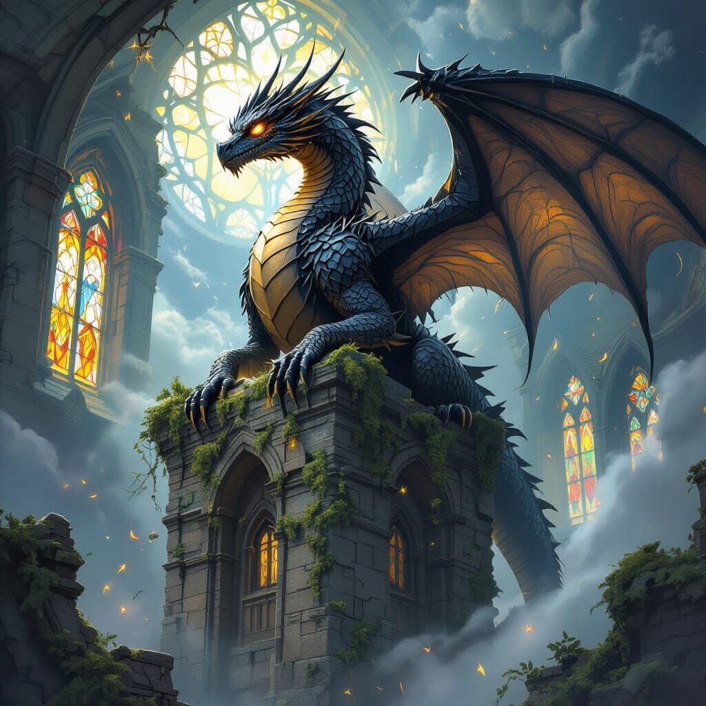 Ancient Dragon on Tower in Ethereal Starlight