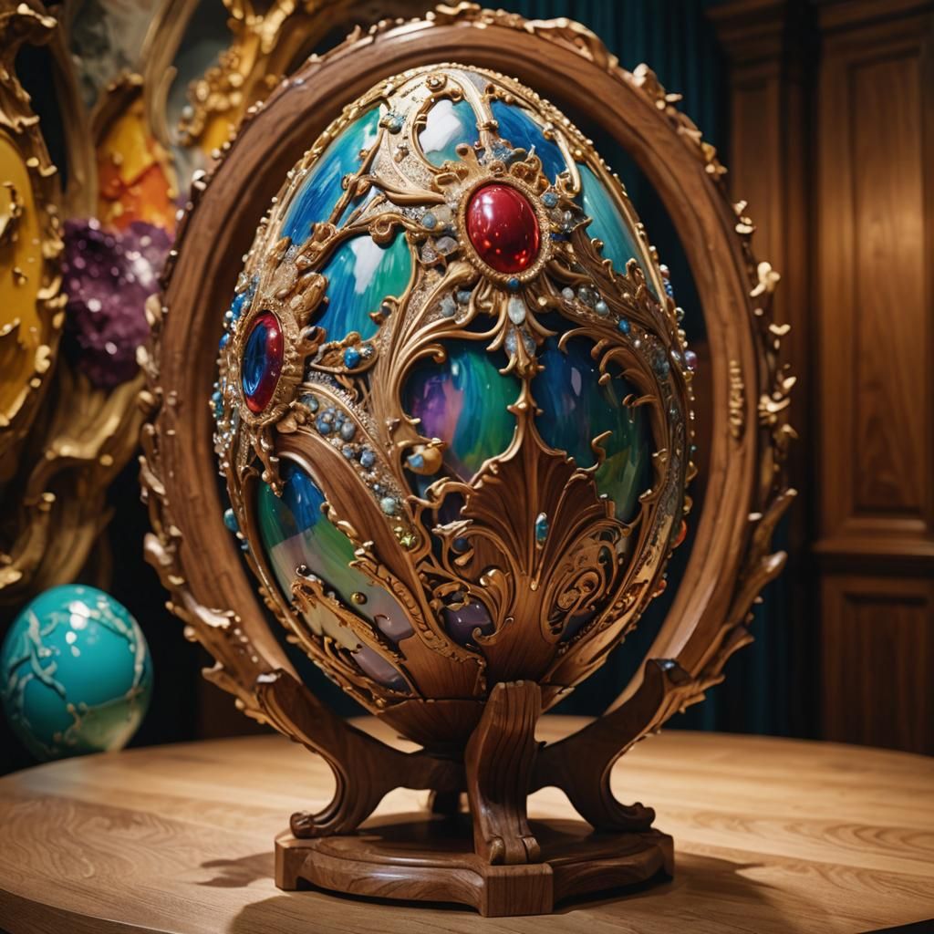 Hyperrealistic Teak Fabergé Egg Art Exhibition