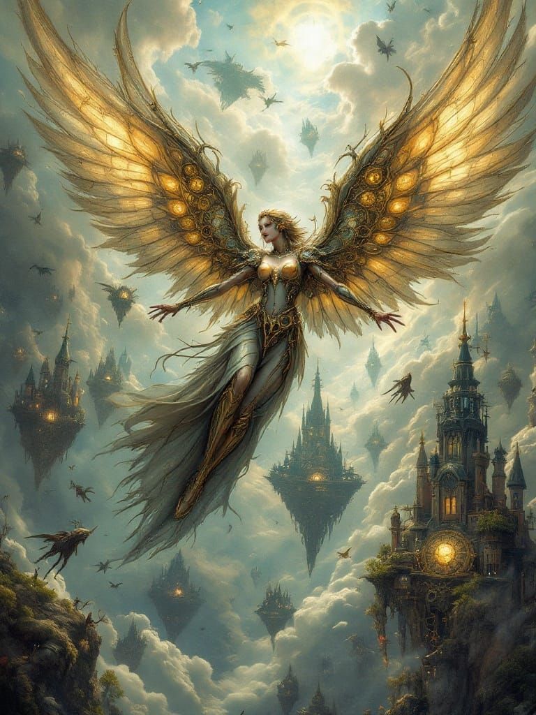 Clockwork Angel Soaring Through Fantasy Sky