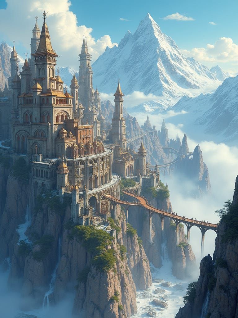 Majestic Steampunk City Blends into Snow-Capped Mountains