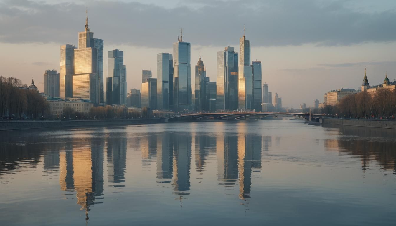 Moscow City Buildings Reflected in River, Impressionist Styl...